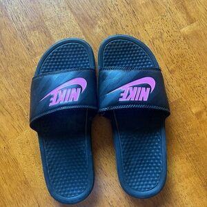 Nike Black and Pink Slide Sandals